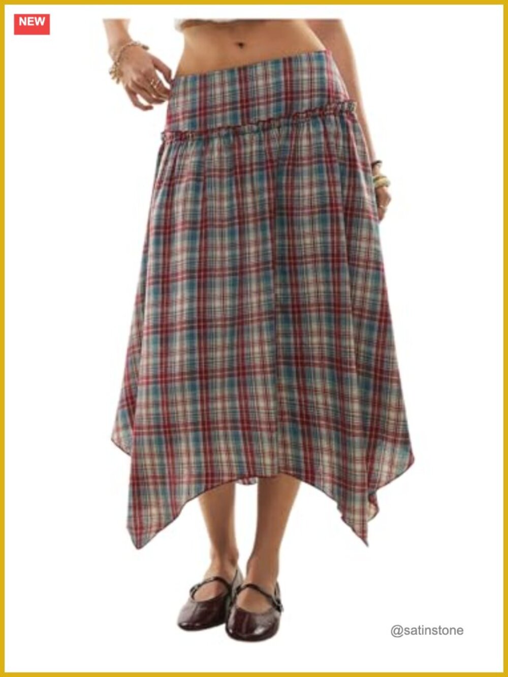 Plaid A-Line Midi Skirt Asymmetrical Ruffle Hem Y2K Flowy